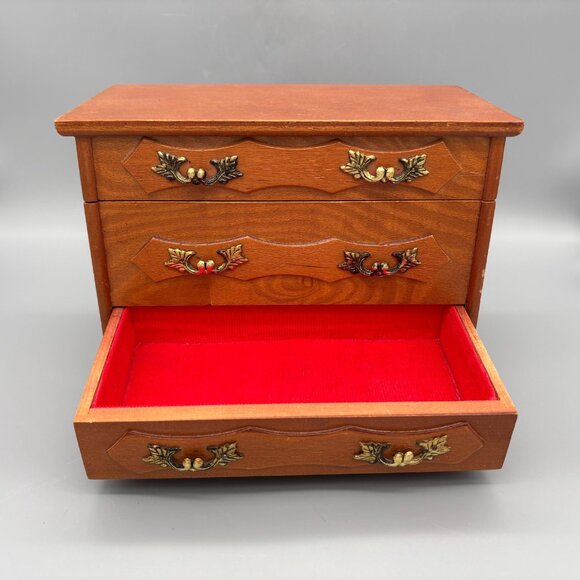 Vintage Wooden Jewelry Box with Red Velvet Lining and Mirror - Picture 8 of 15